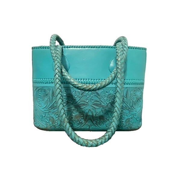 Alexandro Yeo Mexican Leather Tooled Embossed Turquoise Tote Braided Handle - Picture 13 of 16